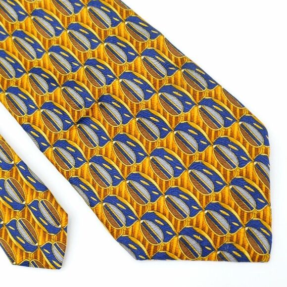 Barney's New York Brown Blue‎ Abstract Geometric Print Short Silk Tie - Picture 1 of 7